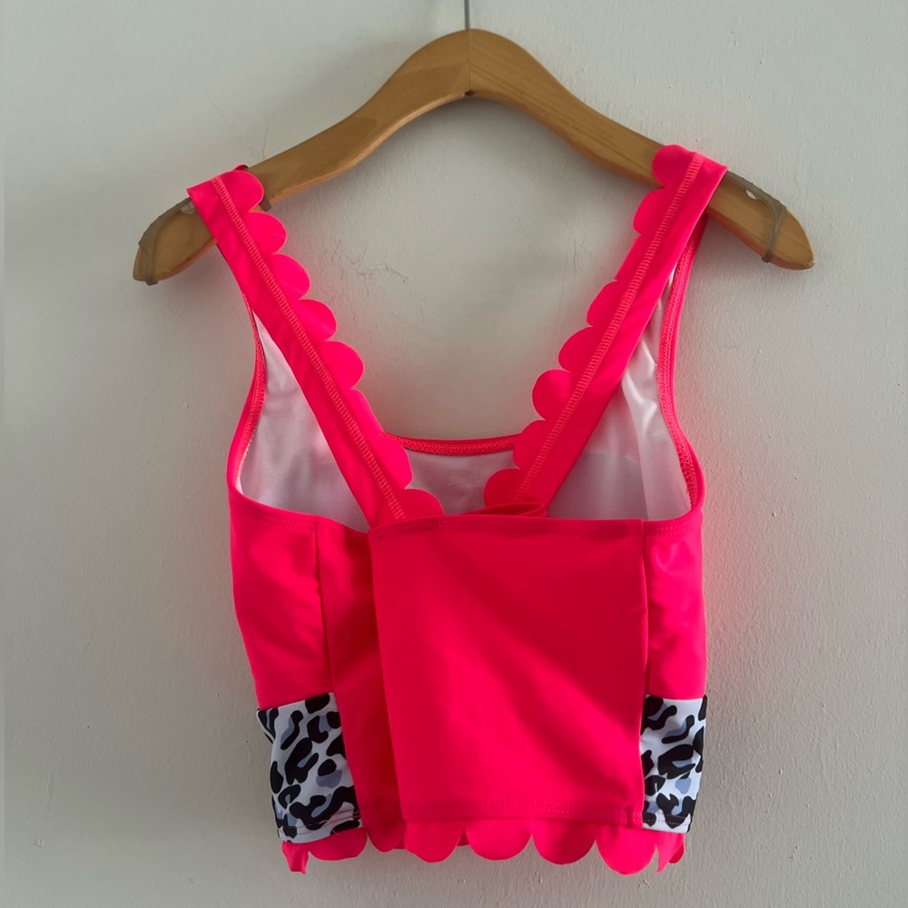Hot Pink Snow Leopard Scalloped Bathing Suit Swim Tank Top Sz M - Picture 2 of 2